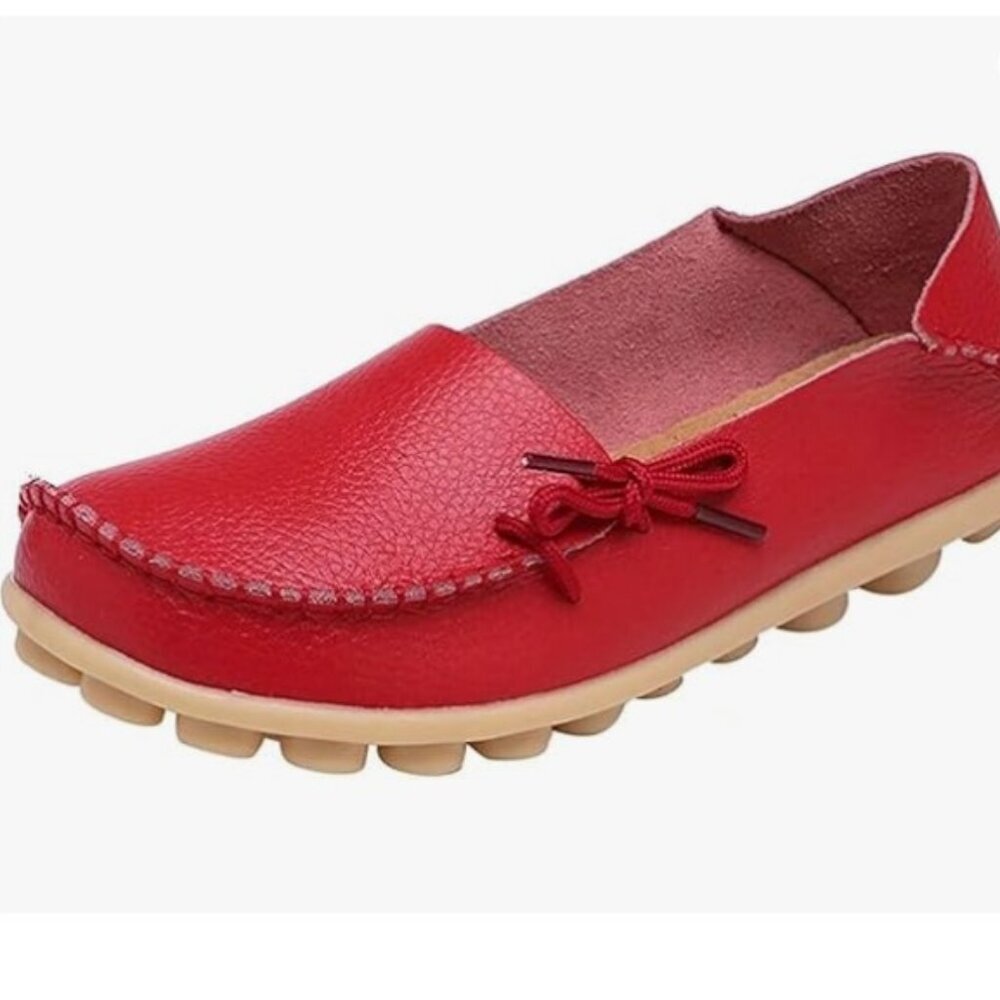 Women's Red Super Soft Red Leather Slip-on Moccasin Loafers (Size EU 40/US 9)